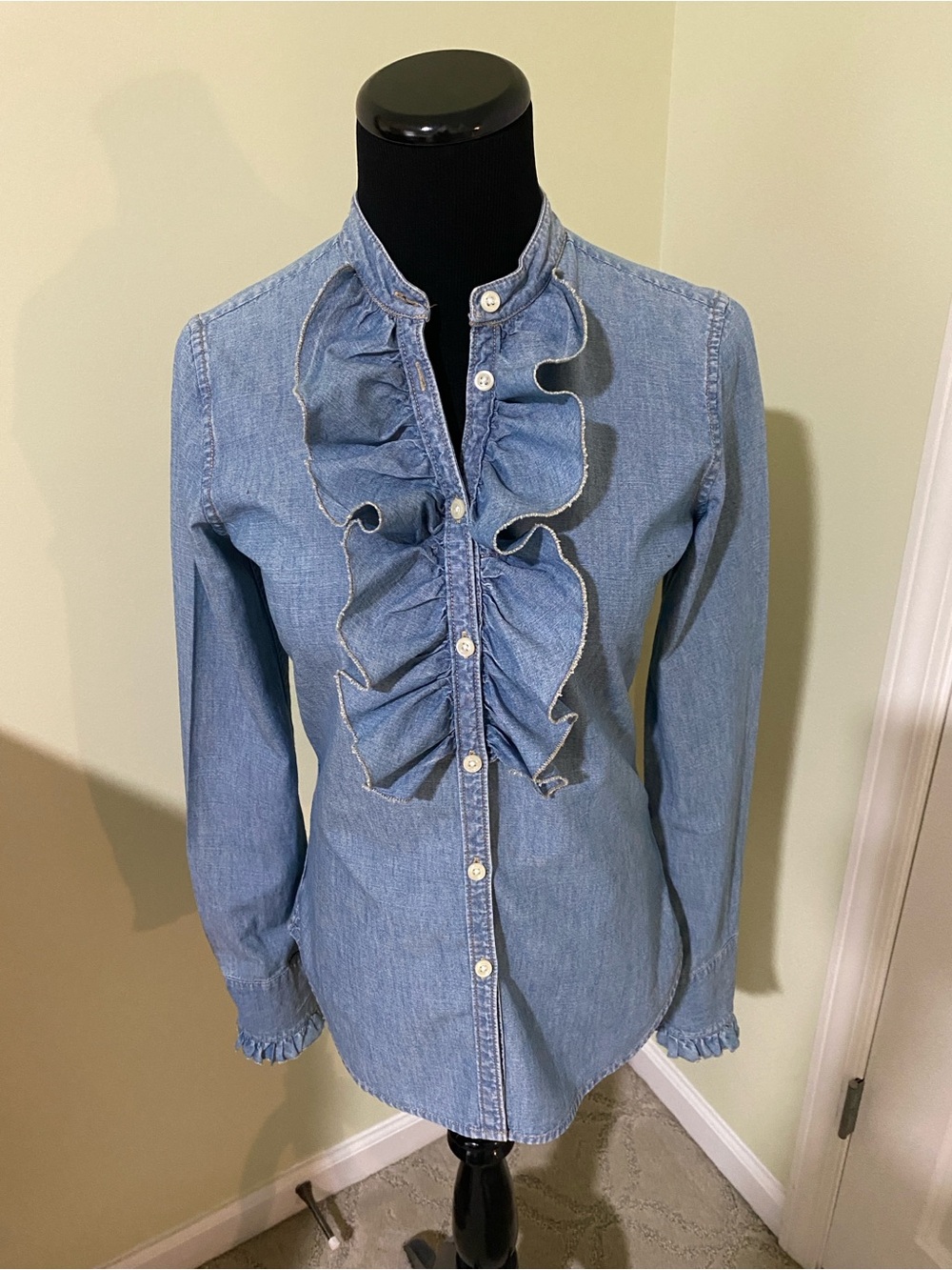 Polo by Ralph Lauren Light Blue Ruffle Denim Shirt Blouse